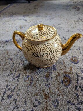 Vintage Sadler Tea Pot Made in England Numbered Gold Squiggles on Cream Crazing